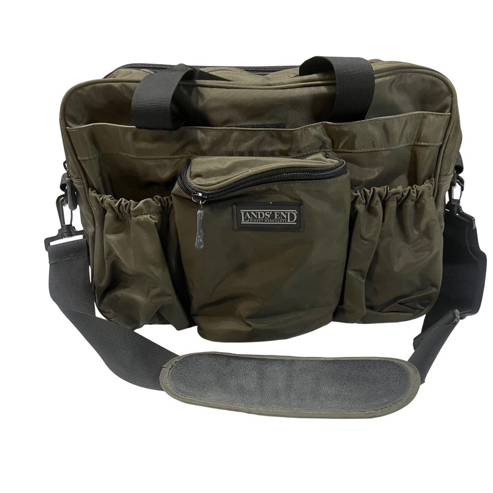 Lands End Direct Merchants Olive Green Nylon‎ Messenger Bag Multi Pocket Travel